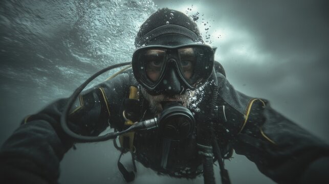 Underwater Diver Exploring Mysterious Depths with Bubbles Rising in a Dark and Moody Ocean Environment