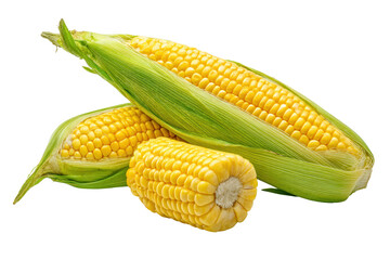 Corn whole cobs arranged radial sunburst pattern on overhead flatlay, golden kernels and green husk tips forming vibrant spokes under balanced studio light, isolated on transparent background