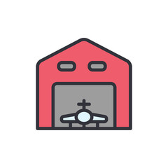 Isolated Icon Of A Airplane Hangar With Aircraft On Transparent background