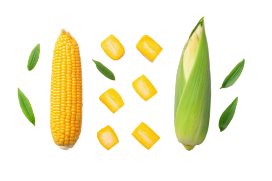 Corn spears with husk partially peeled back revealing glossy kernels, arranged fan-like across overhead flatlay, silk threads adding fine detail, isolated on transparent background