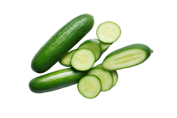 Cucumber rounds scattered loosely like refreshing confetti across bright overhead flatlay, concentric ring patterns and watery sheen accentuated by diffused light, isolated on transparent background