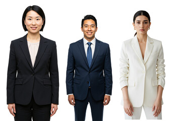 Diverse group of three business professionals, two women and one man, standing in suits against a transparent background in a studio setting.