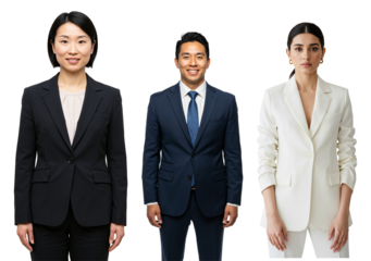 Diverse group of three business professionals, two women and one man, standing in suits against a transparent background in a studio setting.