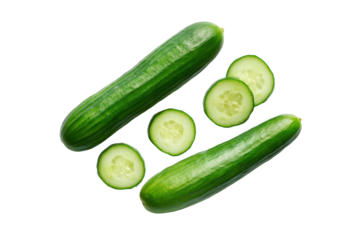 Cucumber half-moon slices aligned in neat parallel bands along lower border of overhead flatlay, leaving ample negative space above for copy, isolated on transparent background