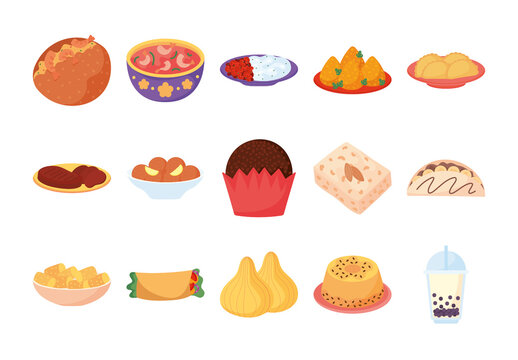 Colorful Traditional Delicious Tasty Meal Food Stickers Set