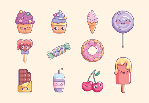 Pastel Sweet Funny Happy Dessert Candy Stickers Set