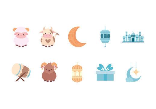 Colorful Eid Islamic Culture Celebration Symbol Icons Set