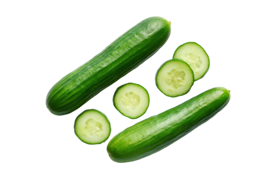 Cucumber half-moon slices aligned in neat parallel bands along lower border of overhead flatlay, leaving ample negative space above for copy, isolated on transparent background