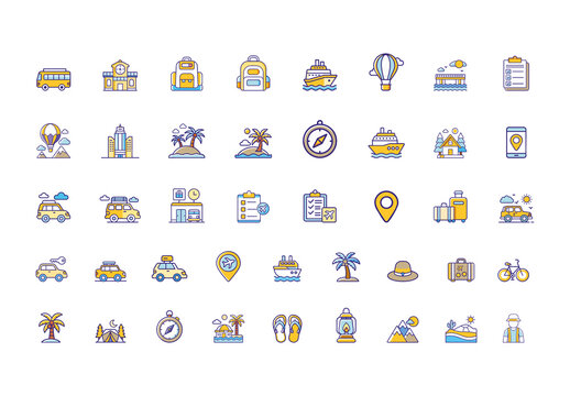 Yellow Travel Tourism Vacation Transport Hotel Icons Set