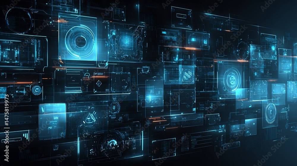 Poster intricate network of futuristic technology interfaces and data visualization