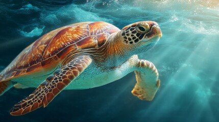 Fototapeta premium Graceful sea turtle swimming through clear blue ocean waters with sunlight filtering from above.