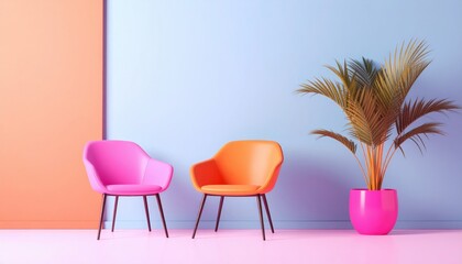Fototapeta premium Two chairs and a plant in a room pink prange blue color