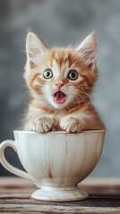 Cute kitten in a teacup with a surprised expression