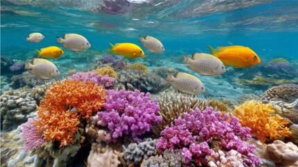 Fototapeta premium Colorful Coral Reef Underwater Landscape with Various Fish Swimming among Vibrant Coral Formation in Clear Tropical Waters