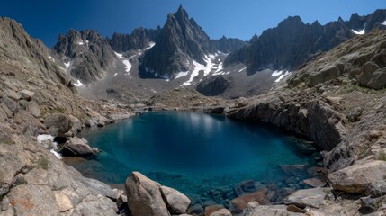 Serene Mountain Lake Surrounded by Rugged Peaks and Bright Blue Sky in a Remote Wilderness Setting
