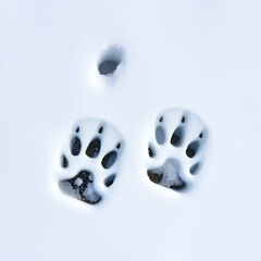 Paw prints of predatory wolverine on the melting wet spring snow cover.