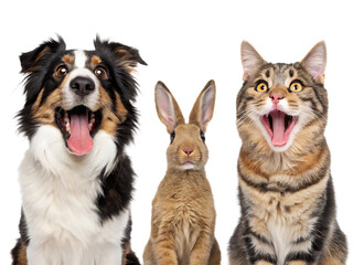 Fototapeta premium A dog cat and rabbit posing together with their mouths open against a isolated on transparent background, Generative ai.