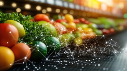 Digital network overlaying fresh produce display at a supermarket offe healthy nutritious selections.
