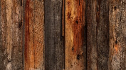 Fototapeta premium Weathered vertical wooden planks brown orange tones showcasing natural imperfections textures of aged wood rich warm colors a rustic charm and earthy feel cut out on isolated transparent background