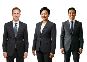 Three diverse business professionals, including a middle-aged Caucasian man and two young adult Asian individuals, smiling in dark suits against a transparent background.