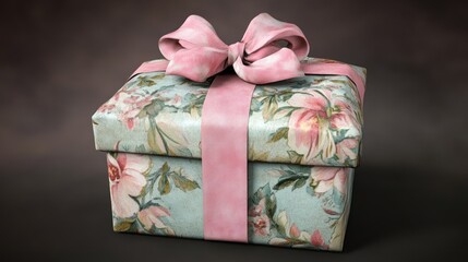 Elegant gift box with floral design and pink ribbon.