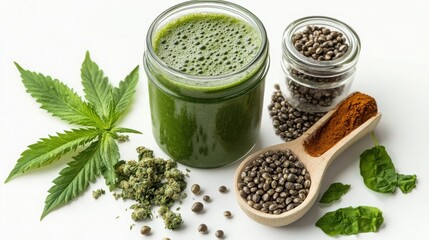 Green Hemp Smoothie with Seeds and Leaves