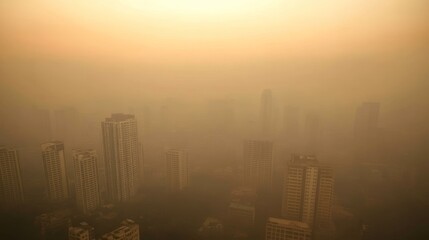 Fototapeta premium Bangkok city skyline covered in dense smog and yellowish haze during sunset, with minimal visibility and orange-toned atmosphere, showing air pollution, poor visibility, and urban environmental issues