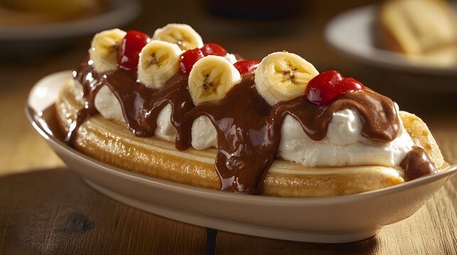 Sweet banana dessert with chocolate and whipped cream.