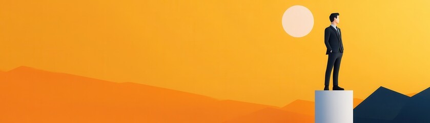 A businessman stands confidently on a pedestal, gazing at a bright sunset, symbolizing ambition and success in the corporate world.