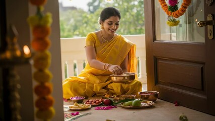 Woman in yellow sari performing puja ritual at home altar. Hindu devotional practice. Diwali, Navaratri, Durga Puja celebration. Traditional worship ceremony.