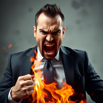 A very angry man. Businessman. Screaming and fire. Furious man. Rage. Anger issues. Venting. Apoplectic. Meltdown. Clenched fist.