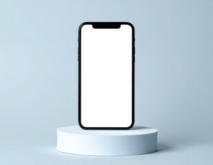 Modern Smartphone Mockup Blank Screen, Minimalist Display, White Pedestal, Blue Background, Product 