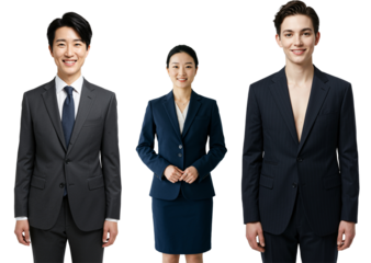 Three diverse young adult professionals, two men and one woman, smiling in business suits against a black studio background, posing for a corporate portrait.