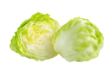 Iceberg lettuce ruffled leaves arranged diagonal row flatlay isolated on transparent background
