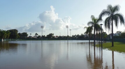 Flooded baseball field in Minas Gerais, Brazil, completely submerged by river water with palm trees and lamp post in the background, under a clear sky, highlighting extreme weather and urban flooding.