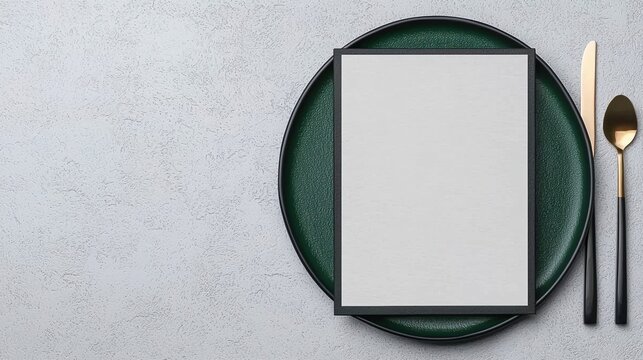 A blank menu card on a green plate with gold cutlery on a light textured background, viewed from above.