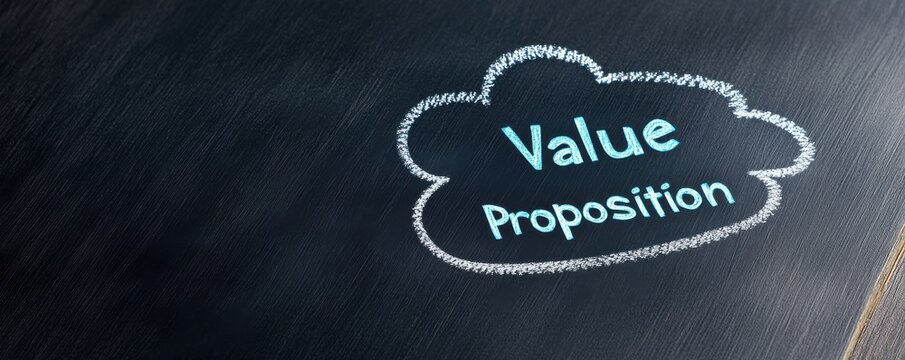 A chalkboard showcasing the concept of value proposition in business strategy, highlighting clarity and innovation.