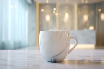 Fototapeta premium Elegant white ceramic mug on a marble surface.