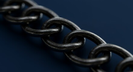 Obraz premium Close-up of a Dark Metal Chain Against a Deep Blue Background, showcasing Strength and Interconnection