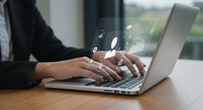  person, diligently typing on a laptop, with a glowing digital interface, symbolizing efficient data entry, online workflow, and modern business productivity.