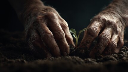 Close-up of weathered hands planting a young green seedling into rich dark soil, representing growth, care, and nurturing life
