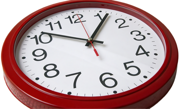 red framed wall clock with black numbers white face isolated on a transparent background 34872160 1