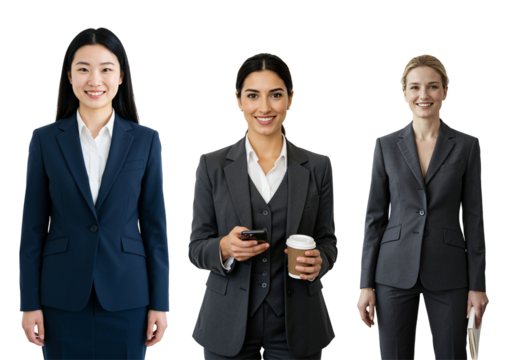 Three diverse adult professional women in business suits smiling and standing against a transparent background, one holding a phone and coffee, another a document.