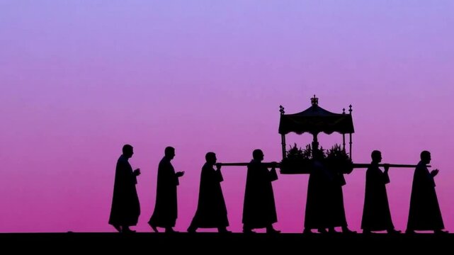 Silhouette  background of priest carrying monstrance in corpus Christi procession during holy event. Generative AI