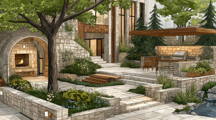 Obraz premium Luxury Home and Garden Oasis: A picturesque architectural rendering showcases a stunning luxury home seamlessly integrated with a meticulously designed garden oasis.