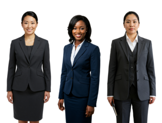 Three diverse adult women in professional business suits standing together, representing corporate success and teamwork