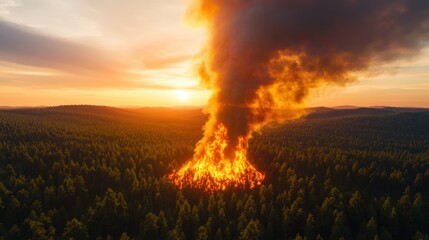 Flames engulf treetops as a raging wildfire spreads rapidly through a dense forest du a sunset haze.