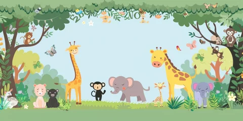 Fototapete Rund A cute cartoon animal scene shows an elephant surrounded by forest creatures. Trees frame the scene, and large text reads "Zoo". © Elzerl