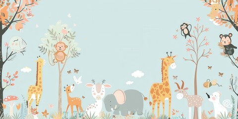 Cute cartoon zoo animals like giraffes, elephants, tigers amid soft colors and blue skies. Large text reading 'Zoo' upfront. Cheerful!