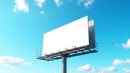 Large Billboard Displaying A Blank White Space Stands Tall Against A Bright Blue Sky With Fluffy Clouds, Outdoor advertising, public messaging